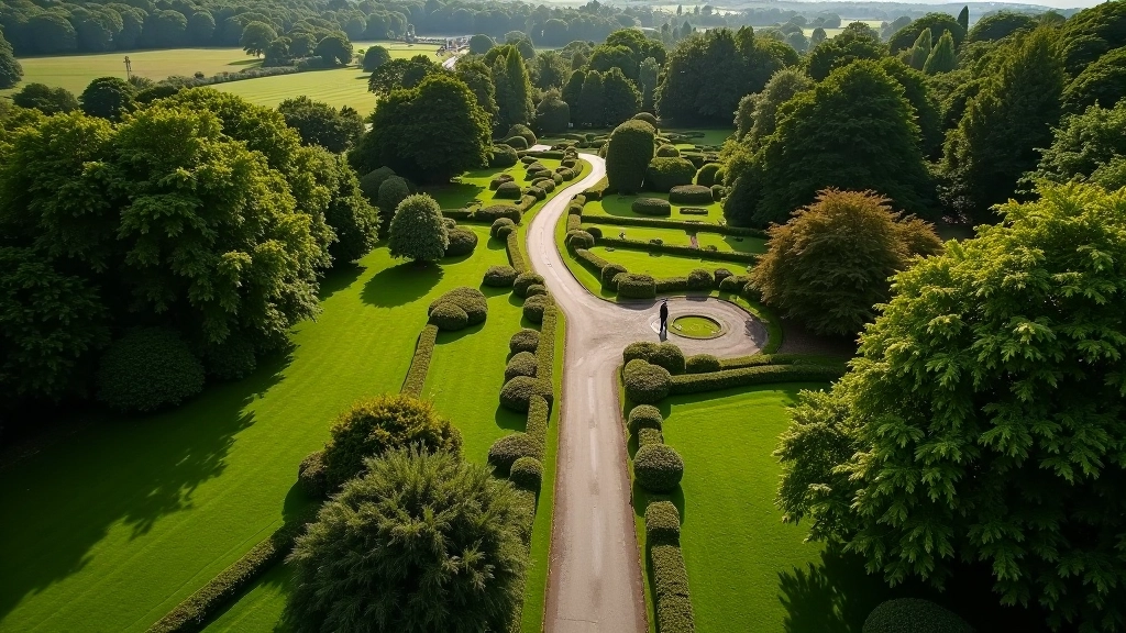 Overhead view of an expansive historic Irish estate showing winding shaded paths through mature woodland and formal gardens