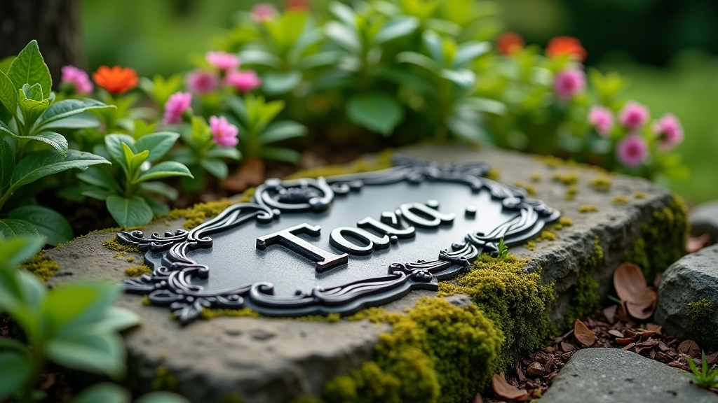 Close-up of memorial plaque with pet name and dates, surrounded by flowering perennials and moss-covered stones