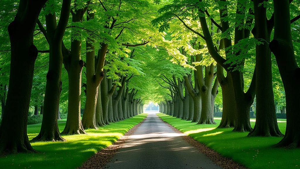 Shaded forest path with mature trees creating natural canopy, soft dappled sunlight on woodland floor