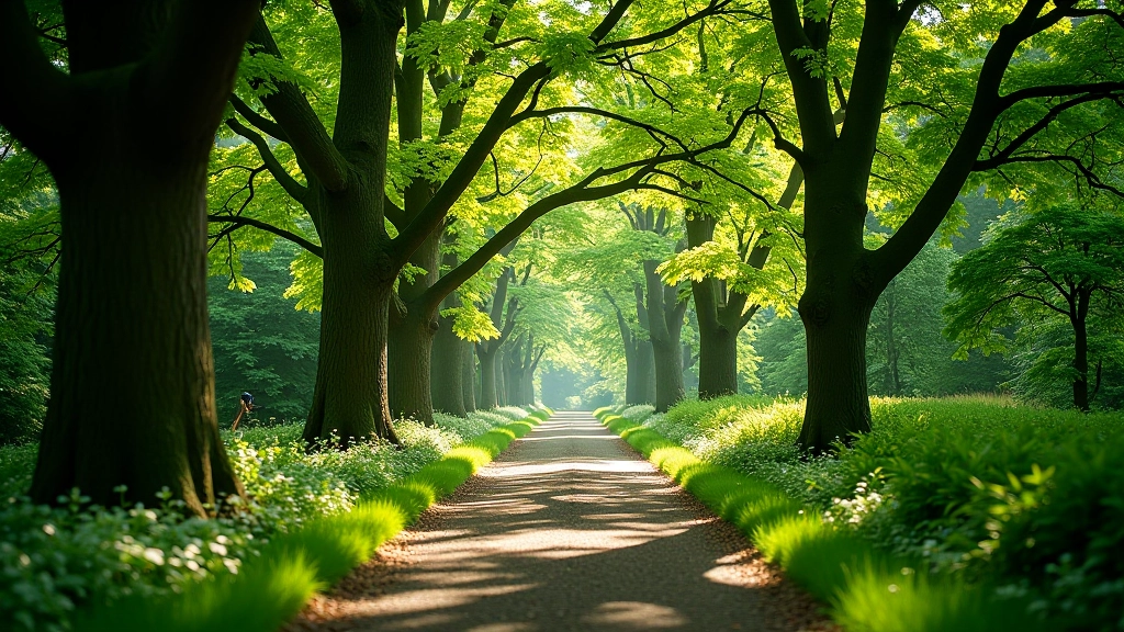 Shaded forest path with dappled sunlight and mature trees creating natural cooling canopy