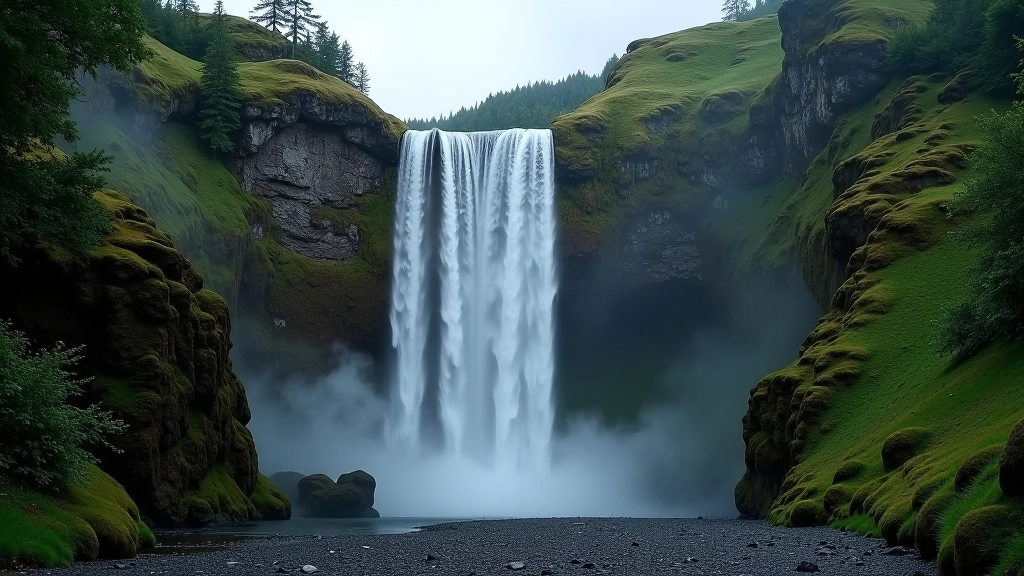 Mountain waterfall cascading down granite cliff face surrounded by evergreen forest, mist rising from the base