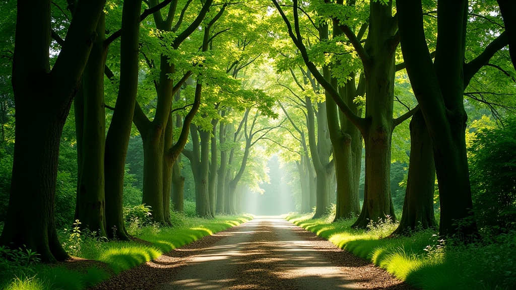 Dappled sunlight filtering through mature tree canopy on a woodland walking trail