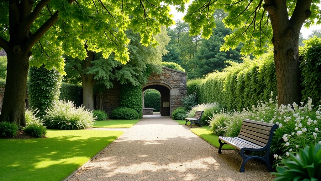Peaceful memorial garden with benches surrounded by flowering shrubs and mature trees