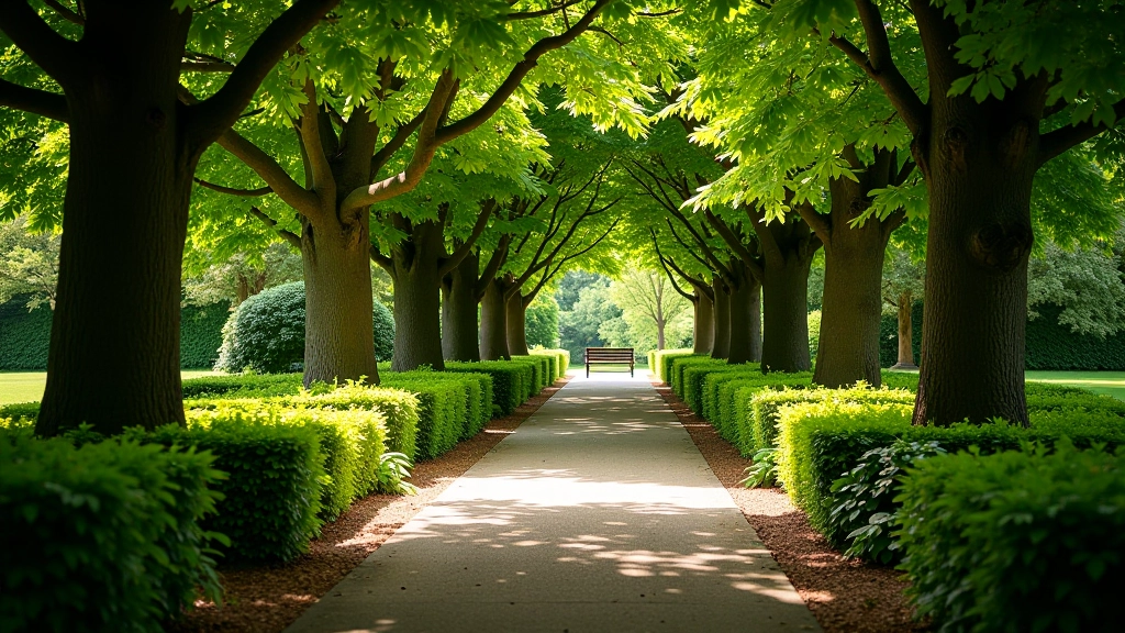 Shaded garden pathway lined with memorial stones and flowering shrubs, benches visible in the distance under tall trees