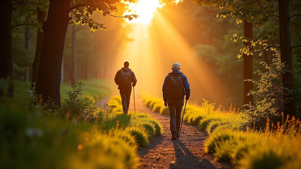 Hikers on forest trail at dawn, golden sunlight breaking through trees, peaceful woodland atmosphere