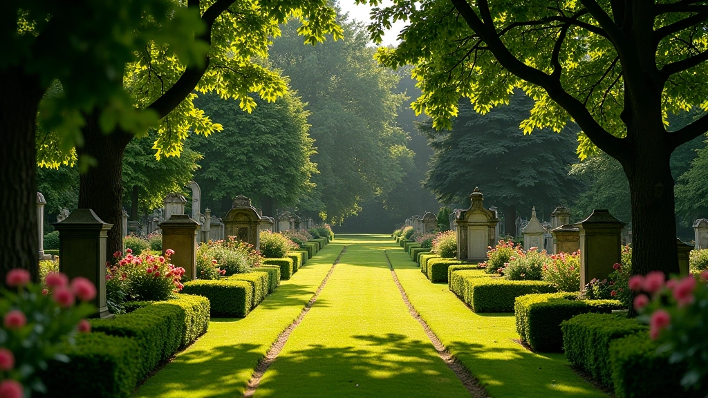Historic cemetery with weathered headstones among flowering shrubs and mature trees, peaceful memorial garden