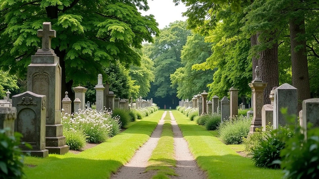 Historic cemetery garden with stone monuments among flowering shrubs and mature shade trees