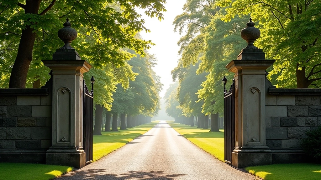 Entrance gate to Powerscourt Estate with historic stone pillars and tree-lined avenue, morning light filtering through branches