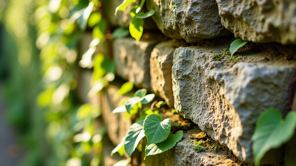 Close-up of ancient stone wall with weathered mortar and climbing ivy creating natural texture