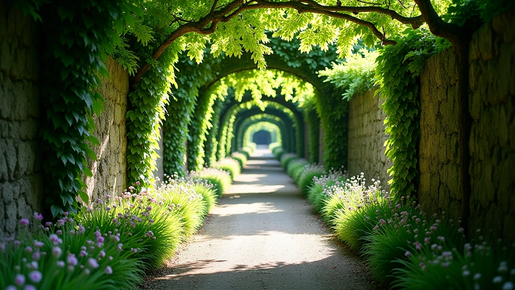 Winding path through ancient walled garden with stone walls covered in ivy and flowering plants on both sides