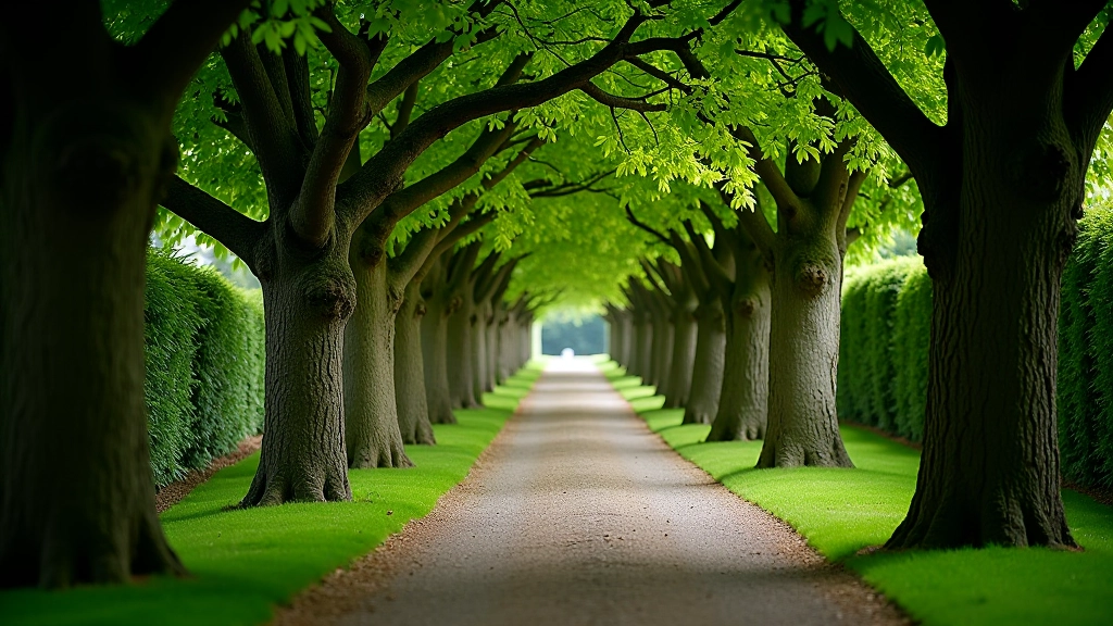 Historic walled garden with tree-lined pathway, stone walls on sides, mature oak and beech trees providing natural cooling shade