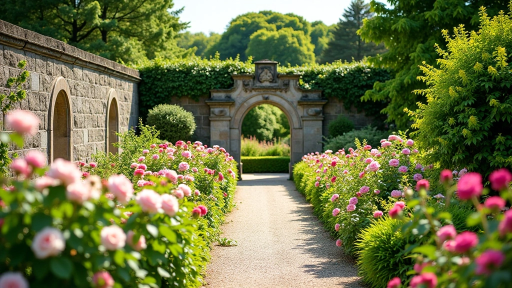 Huntington Castle walled garden with wild roses, heritage varieties in full bloom, stone archways framing garden sections