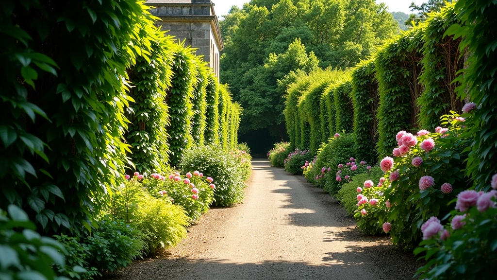 Ancient stone wall covered with climbing ivy and flowering plants along a quiet garden path