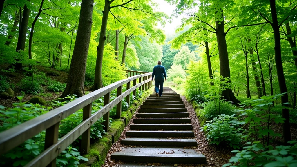 Well-maintained hiking trail through forest with stone steps and wooden railings, dappled sunlight on path