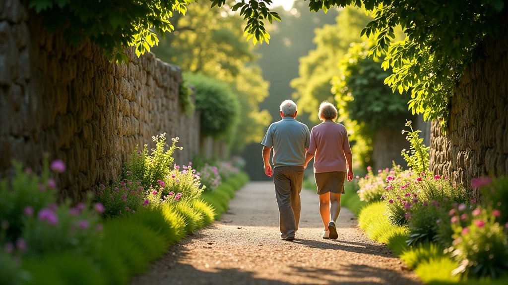 Senior visitors walking through a walled garden with stone walls and flowering borders