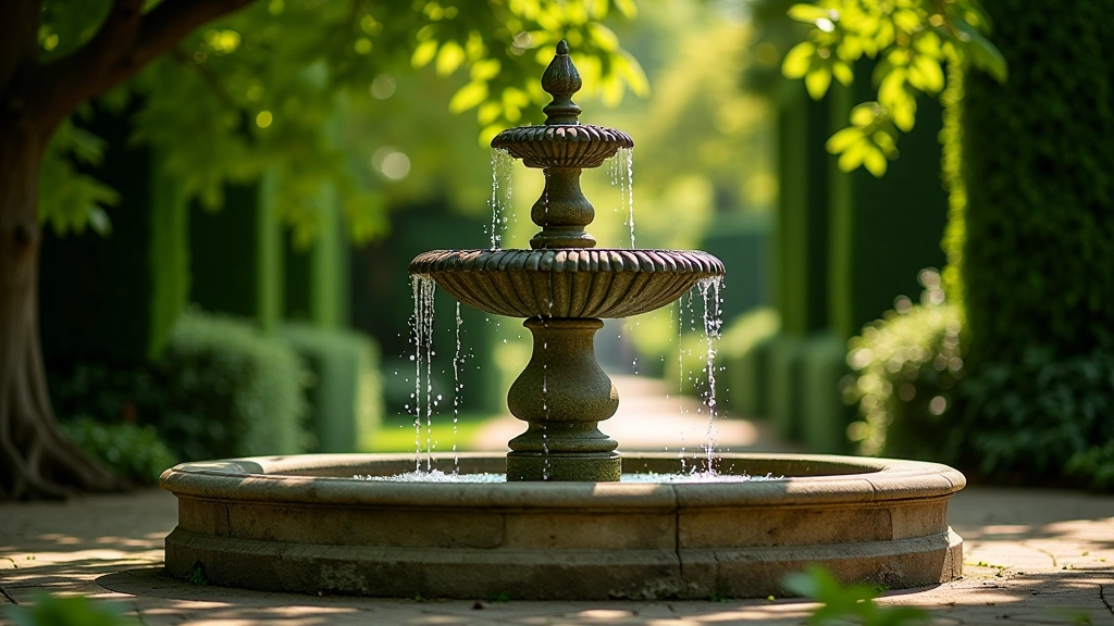 Historic estate water fountain with decorative stone work, surrounded by mature trees providing shade, accessible water feature on walking trail