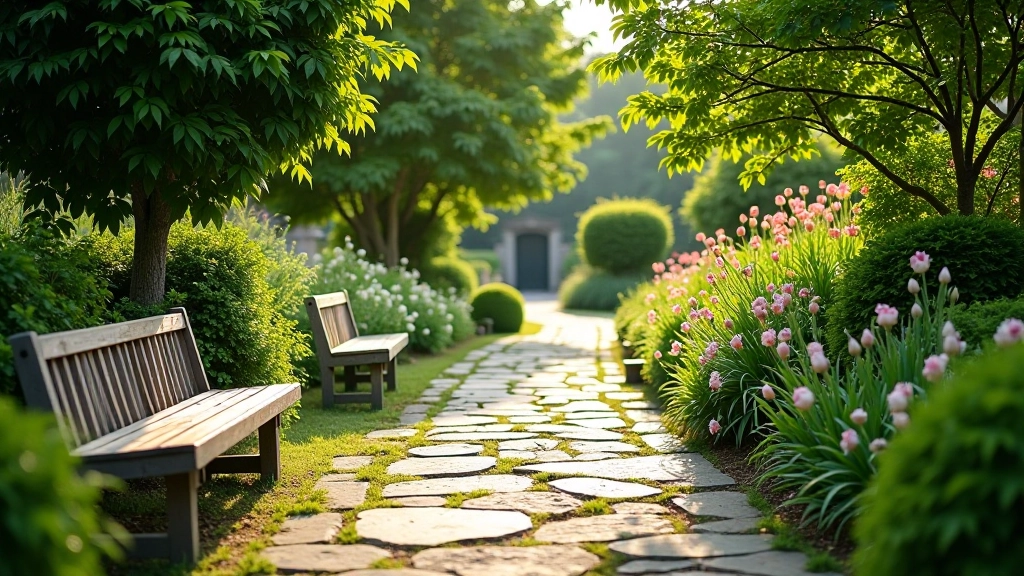 Peaceful memorial garden with stone pathways winding through flowering plantings and mature shade trees, benches positioned for rest