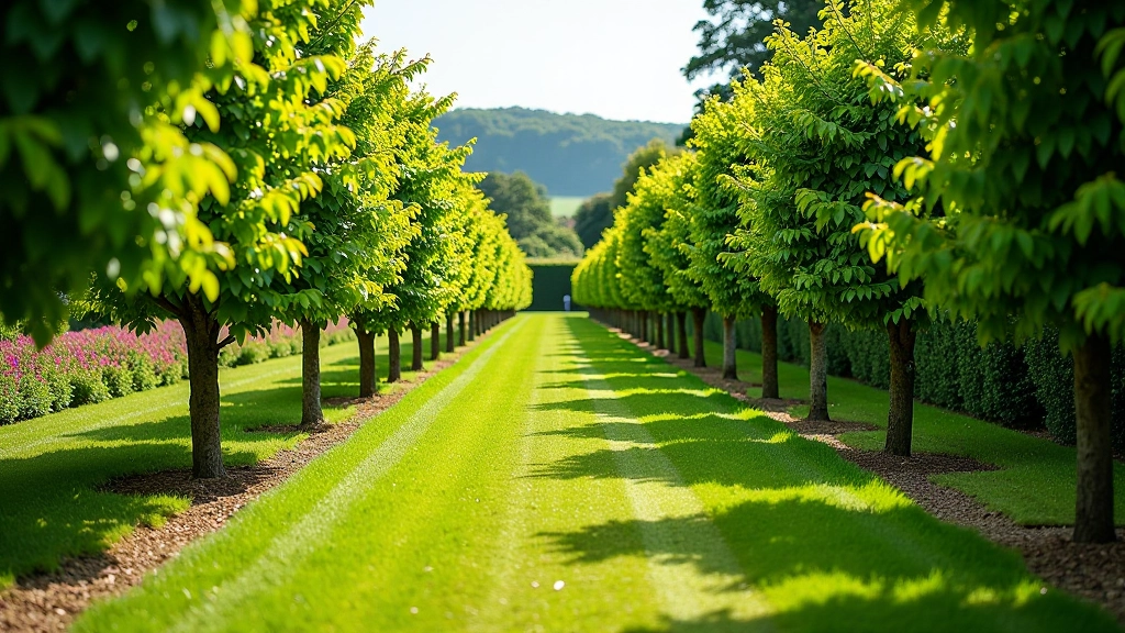 Powerscourt walled garden with organized fruit tree rows, stone walls stretching into distance, and flowering borders along pathways