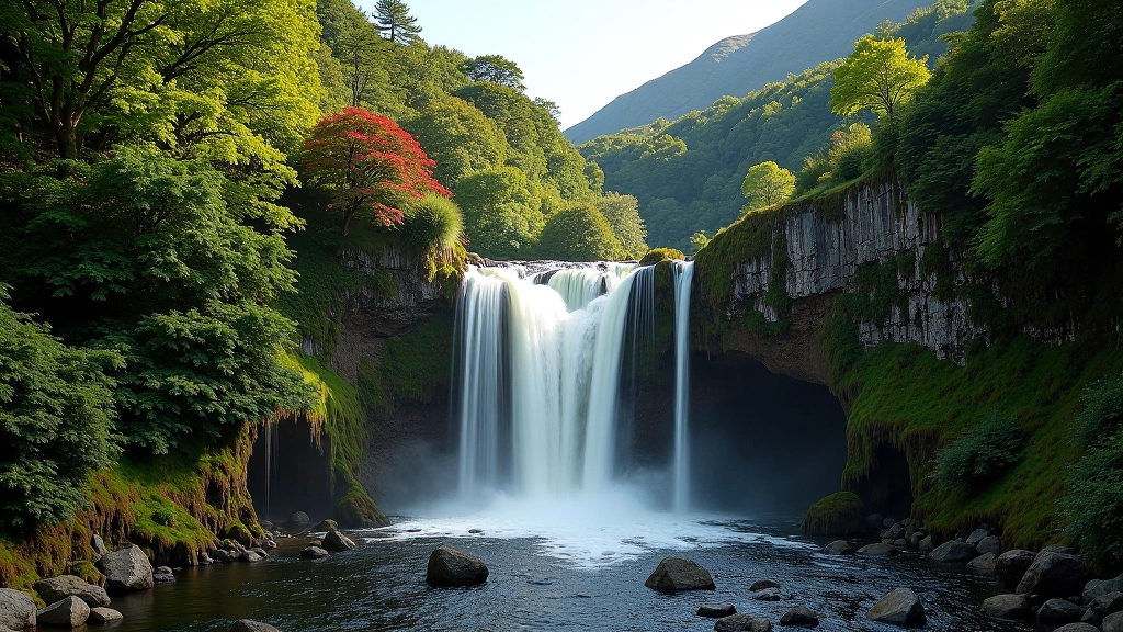 Powerscourt Waterfall surrounded by forested landscape, cascading water with native trees and mountain backdrop