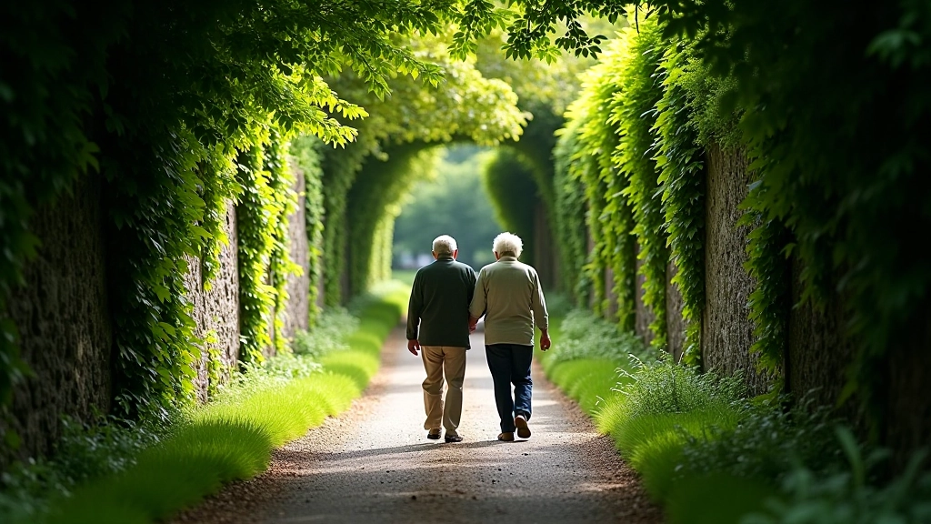 Peaceful walled garden path with visitors enjoying a gentle stroll among ivy-covered walls and mature trees