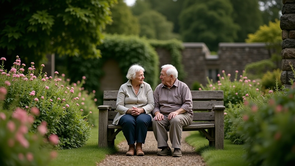 Senior visitors resting on garden bench surrounded by flowering shrubs and stone walls in historic walled garden setting