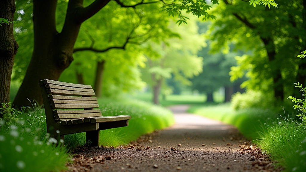 Wooden bench positioned in shaded area beneath large mature trees, inviting rest spot on walking path, dappled sunlight creating peaceful atmosphere
