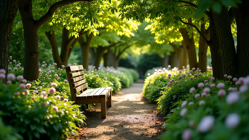 Peaceful garden setting with wooden bench nestled among flowering plants and shade trees, perfect resting spot