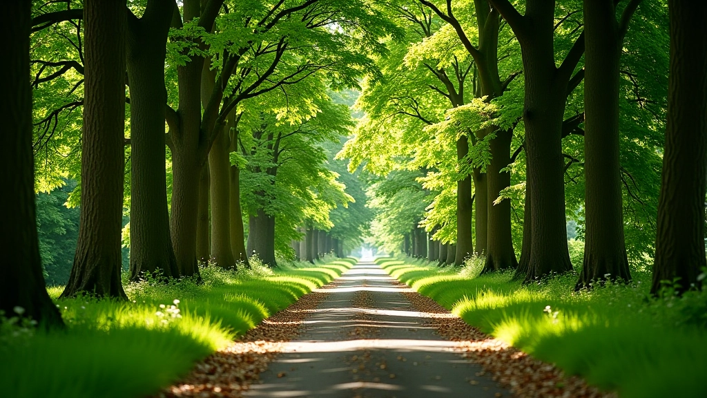 Sunlight filtering through dense green tree canopy, creating dappled shadows on woodland path, peaceful natural setting with benches visible
